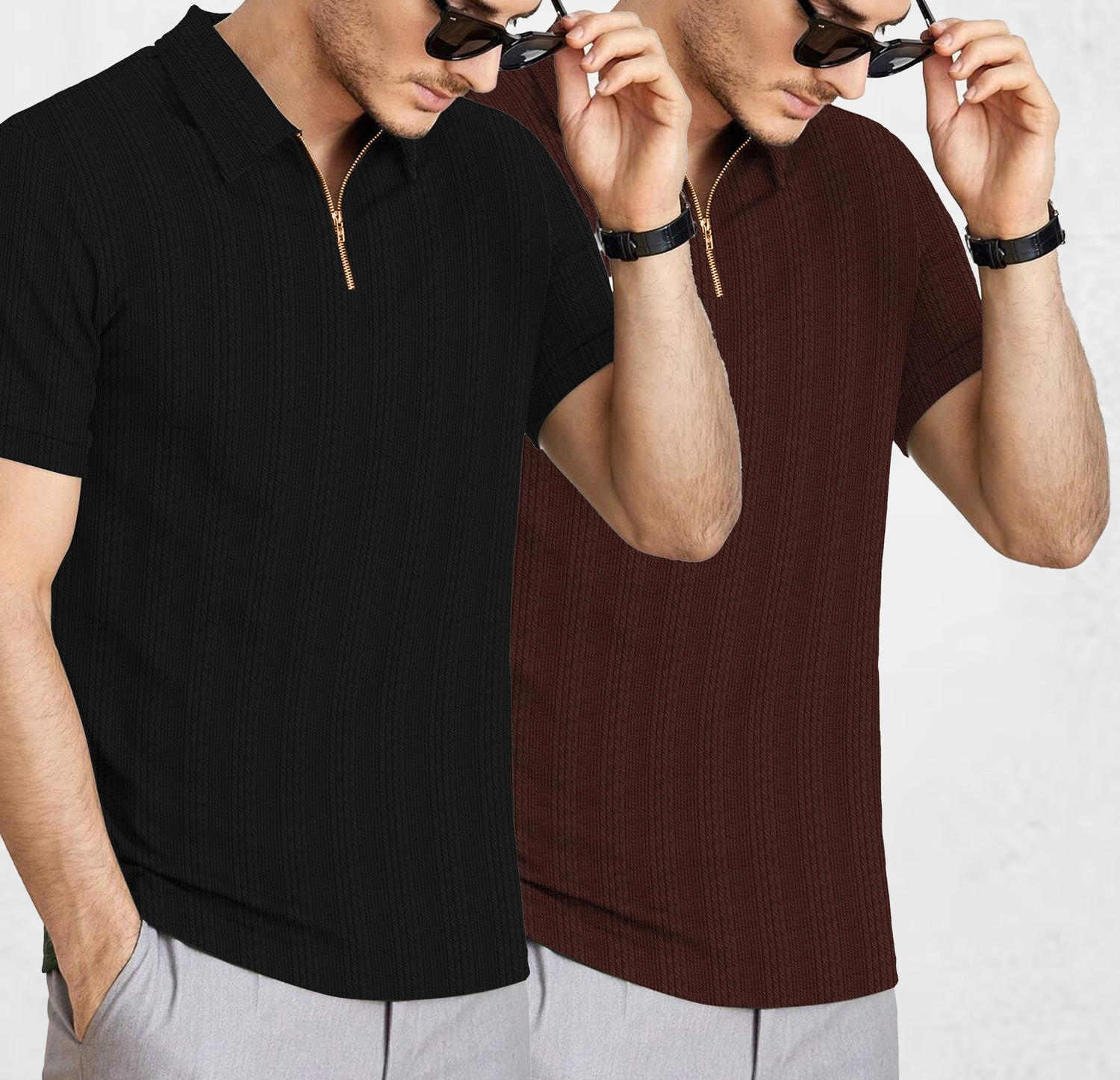 Image of KAJARU Self Design Men Zip Neck Black, Brown T-Shirt