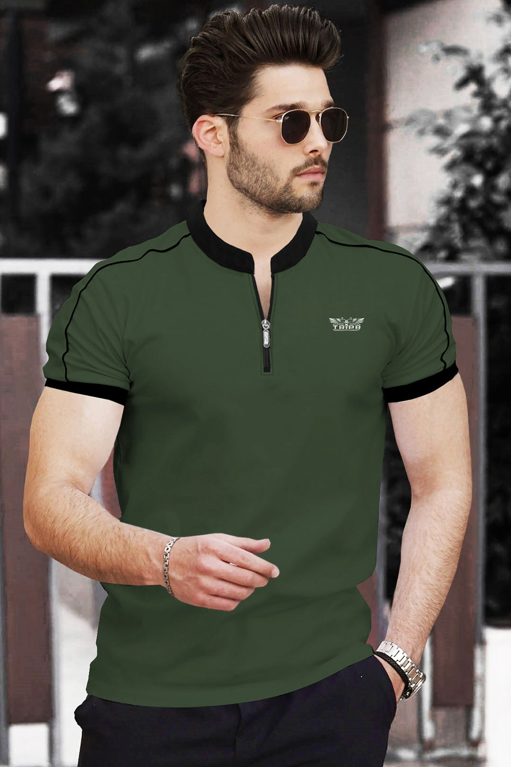 Image of TRIPR Solid Men Mandarin Collar Dark Green, Black T-Shirt