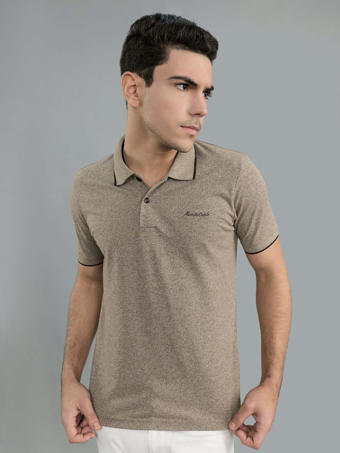 Image of MONTE CARLO Solid Men Polo Neck Beige T-Shirt