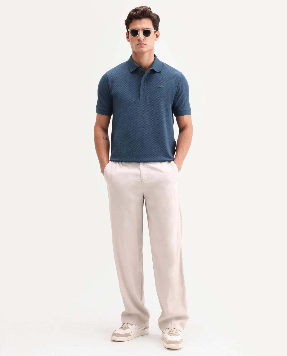 Image of RARE RABBIT Solid Men Polo Neck Blue T-Shirt