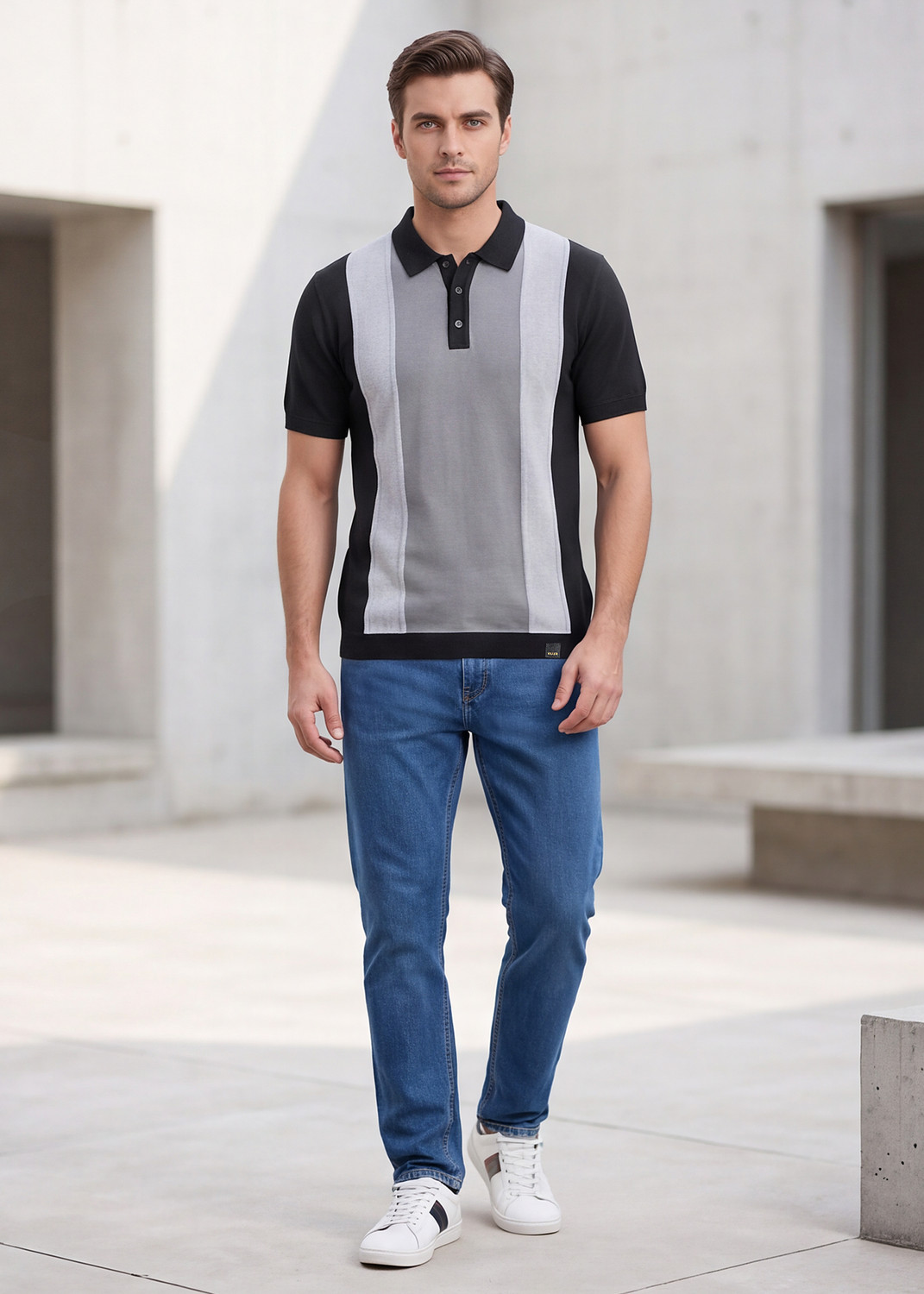 Image of KILLER Flat knit Men Striped Polo Neck Cotton Blend Black T-Shirt