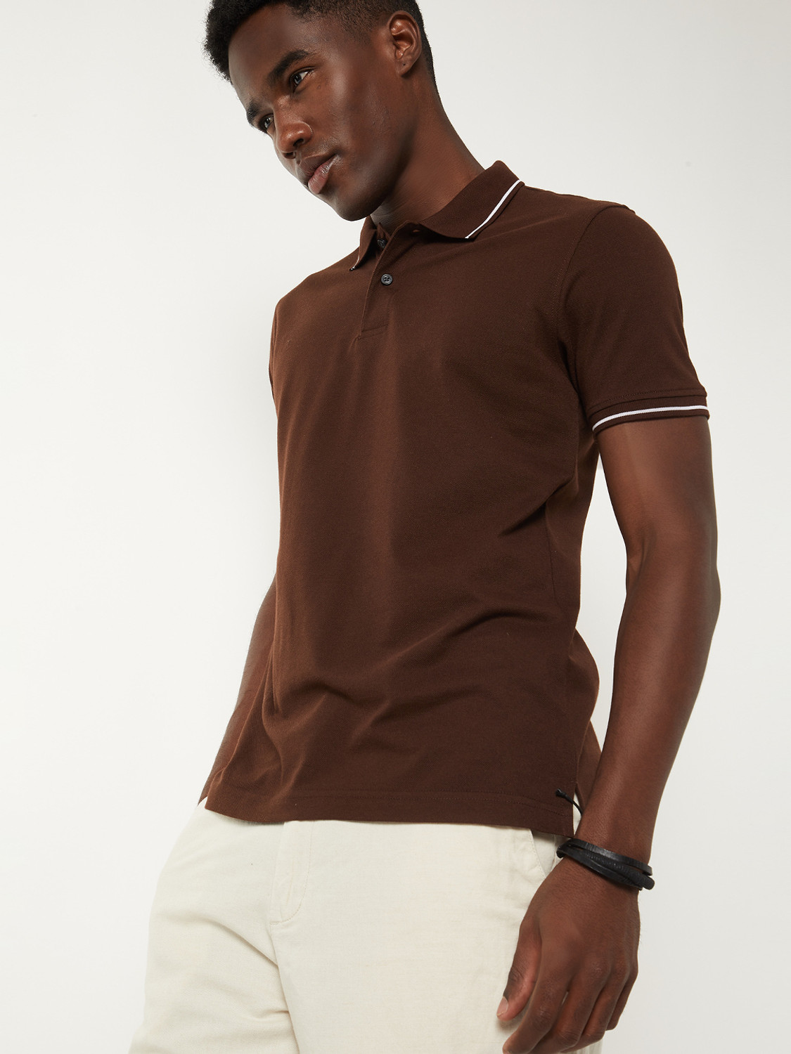 Image of MAX Solid Men Polo Neck Brown T-Shirt