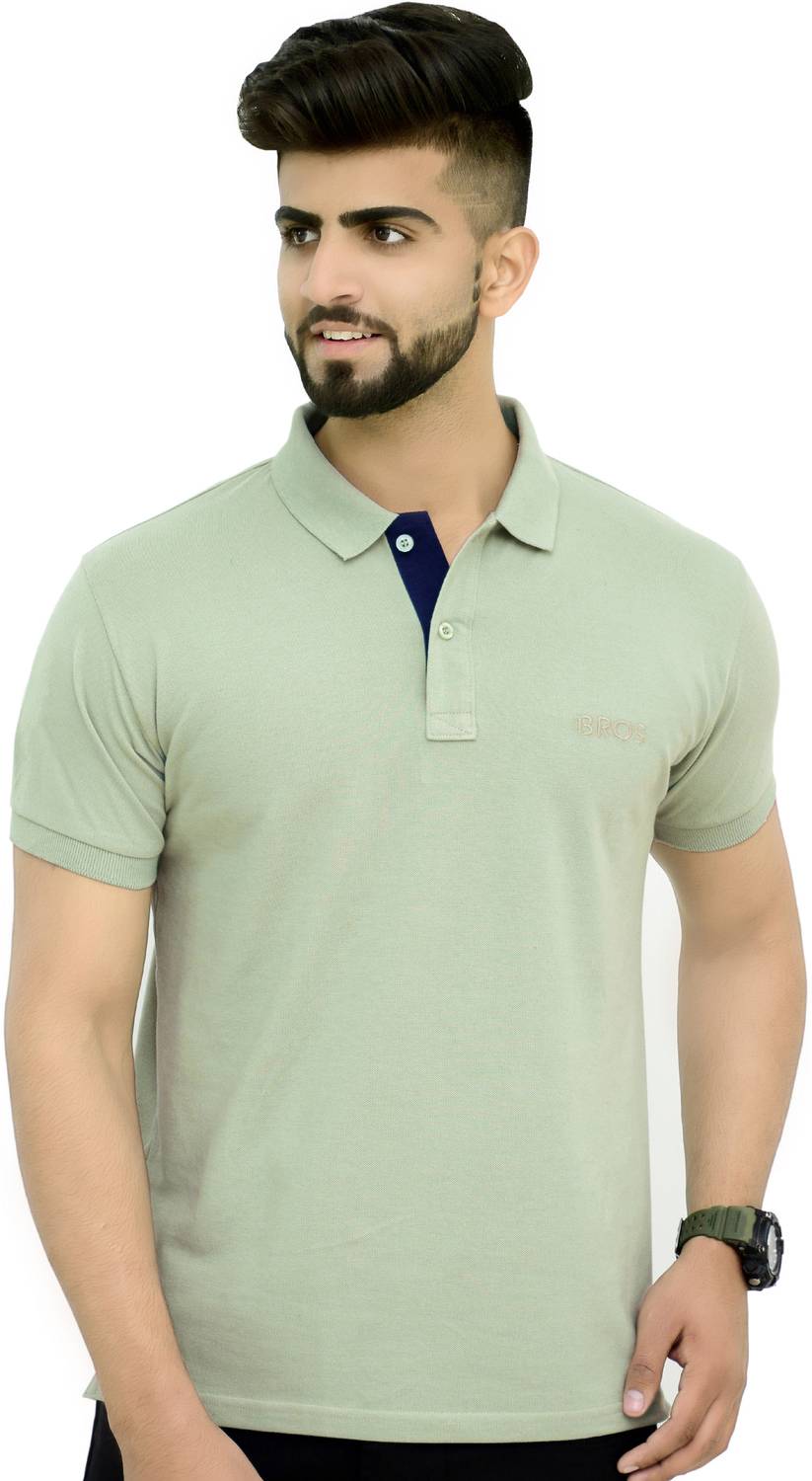 3BROS Men Solid Polo Neck Cotton Blend (220 gsm) Green T-Shirt