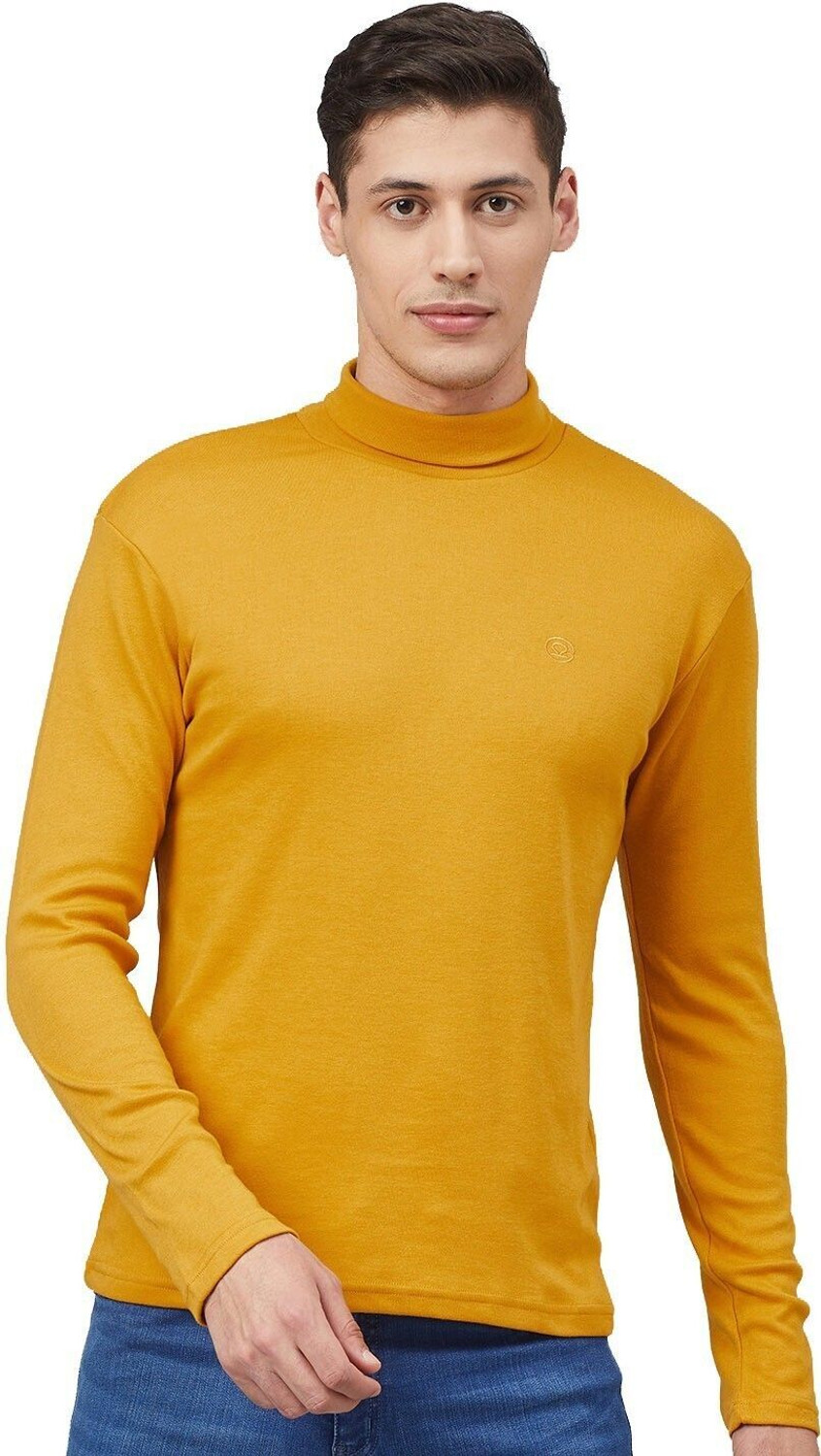 Image of CHKOKKO Solid Men High Neck Yellow T-Shirt
