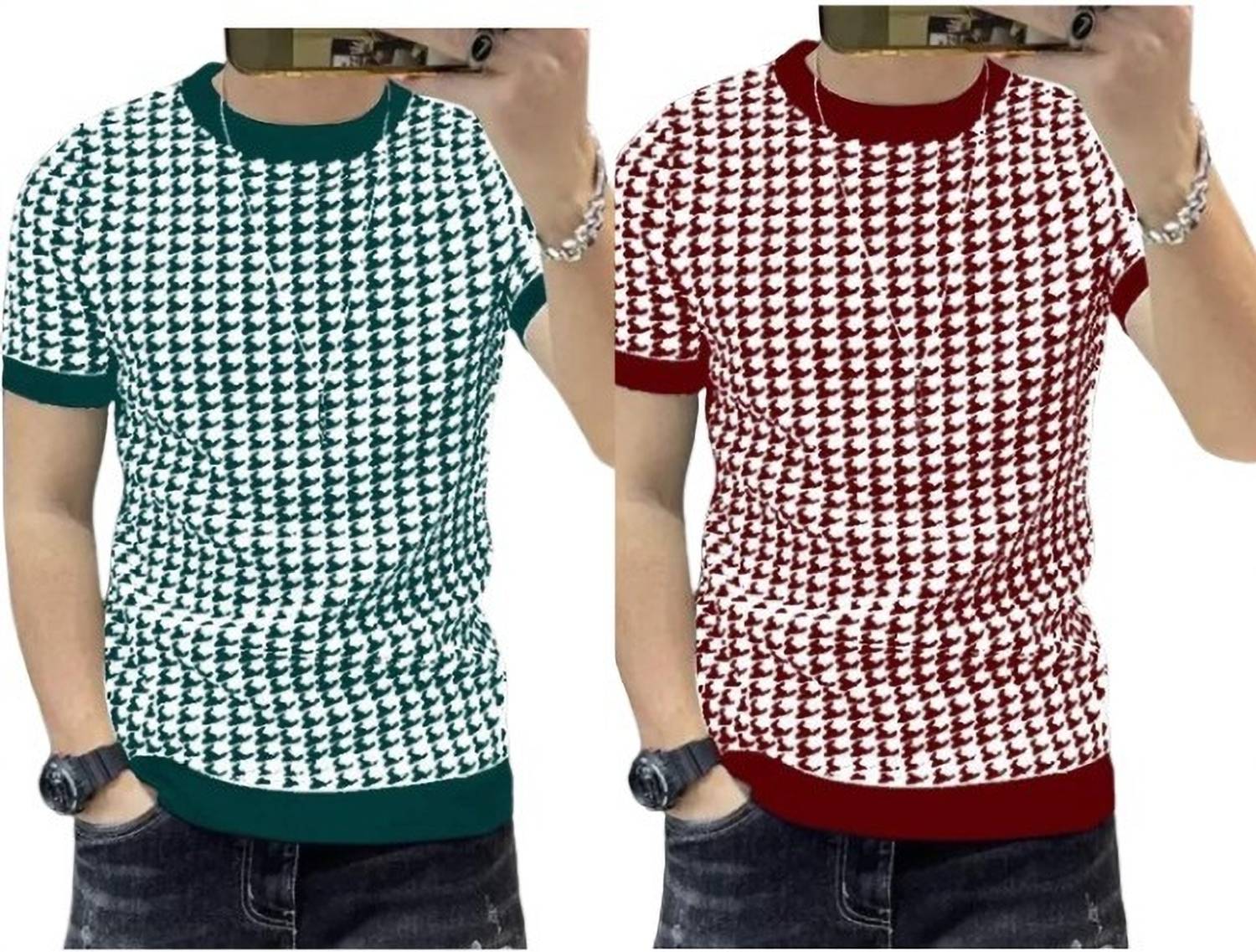 sti Pack of 2 Men Printed Round Neck Polyester Maroon, Dark Green