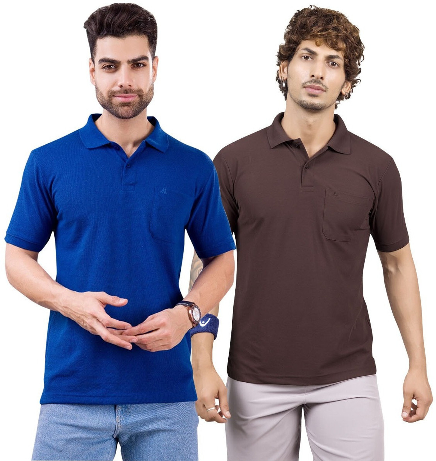 Image of M2HIT Solid Men Polo Neck Blue, Brown T-Shirt