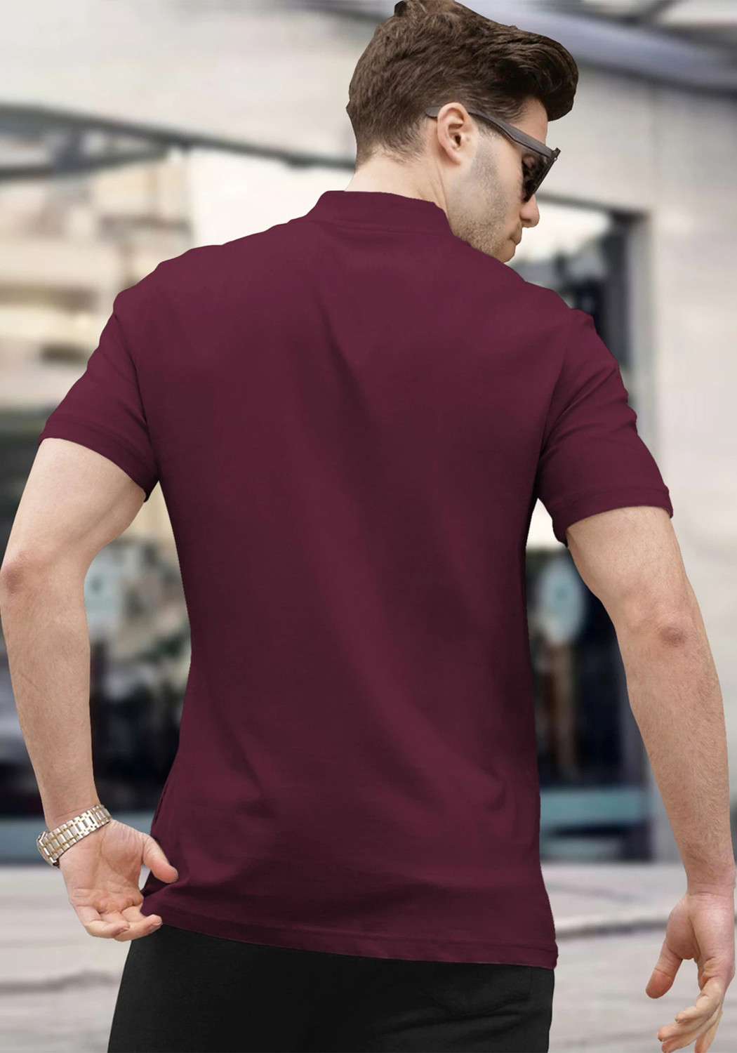 Image of TRIPR Solid Men Mandarin Collar Maroon T-Shirt