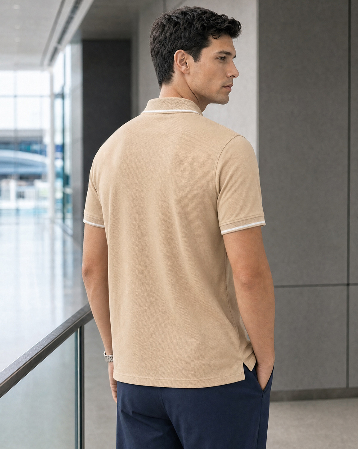 Image of NOBERO Solid Men Polo Neck Beige T-Shirt