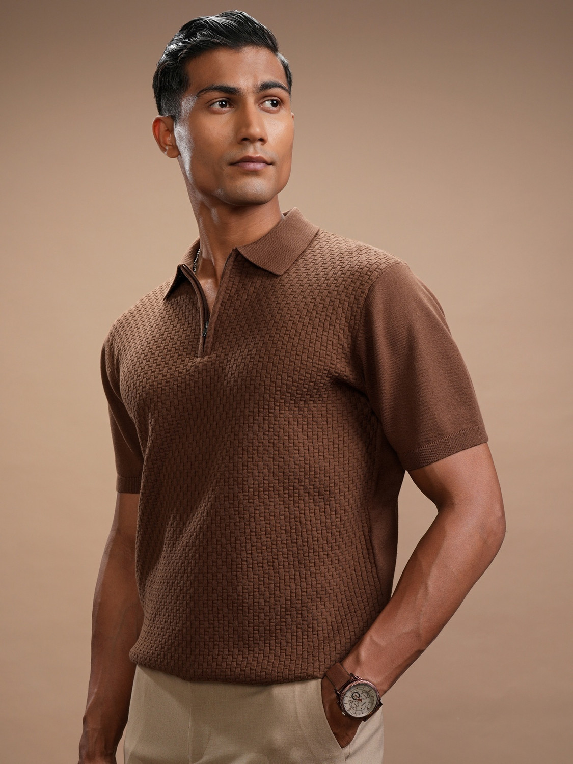 Image of HIGHLANDER Self Design Men Polo Neck Brown T-Shirt