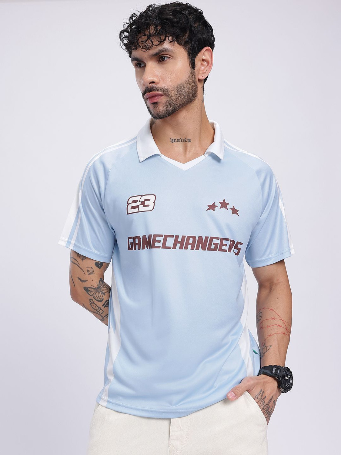 Image of Glitchez Printed Men Polo Neck Blue T-Shirt