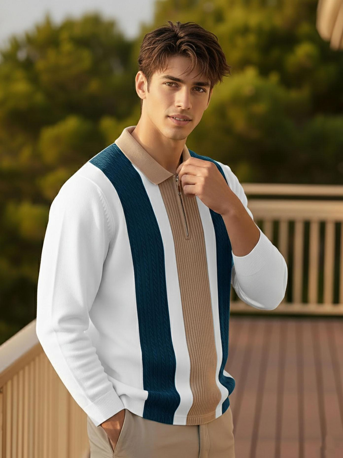 Image of AUSK Colorblock Men Zip Neck White, Dark Blue T-Shirt