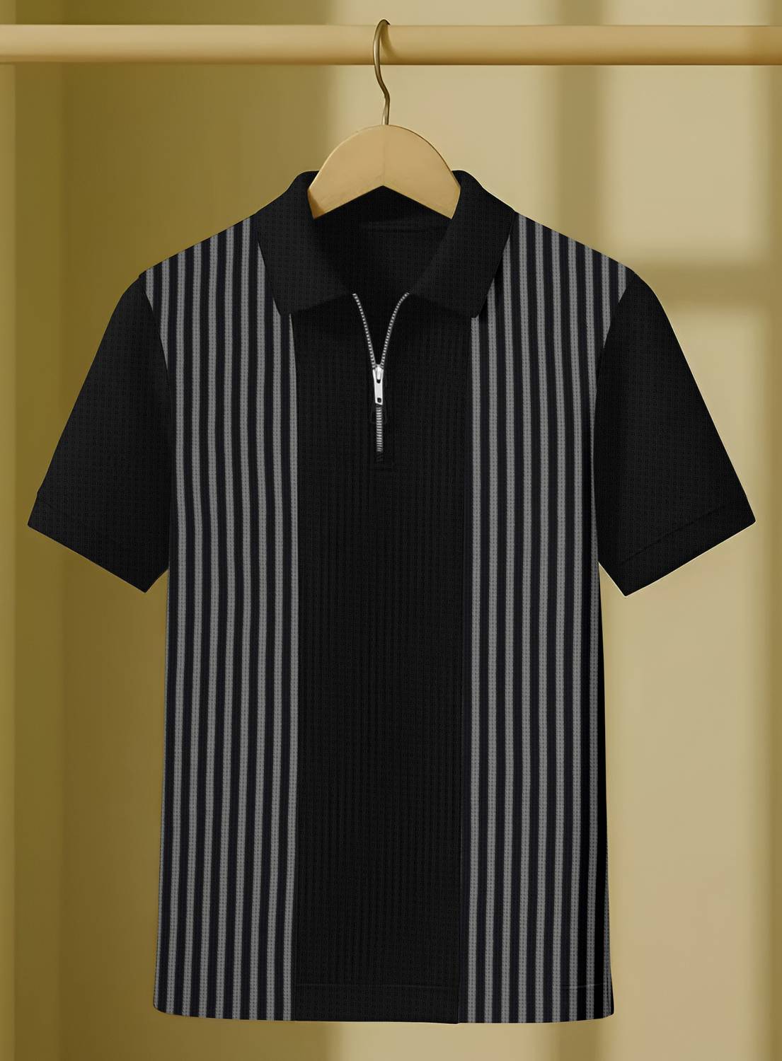 KAJARU Men Striped Zip Neck Polyester Black, Grey T-Shirt