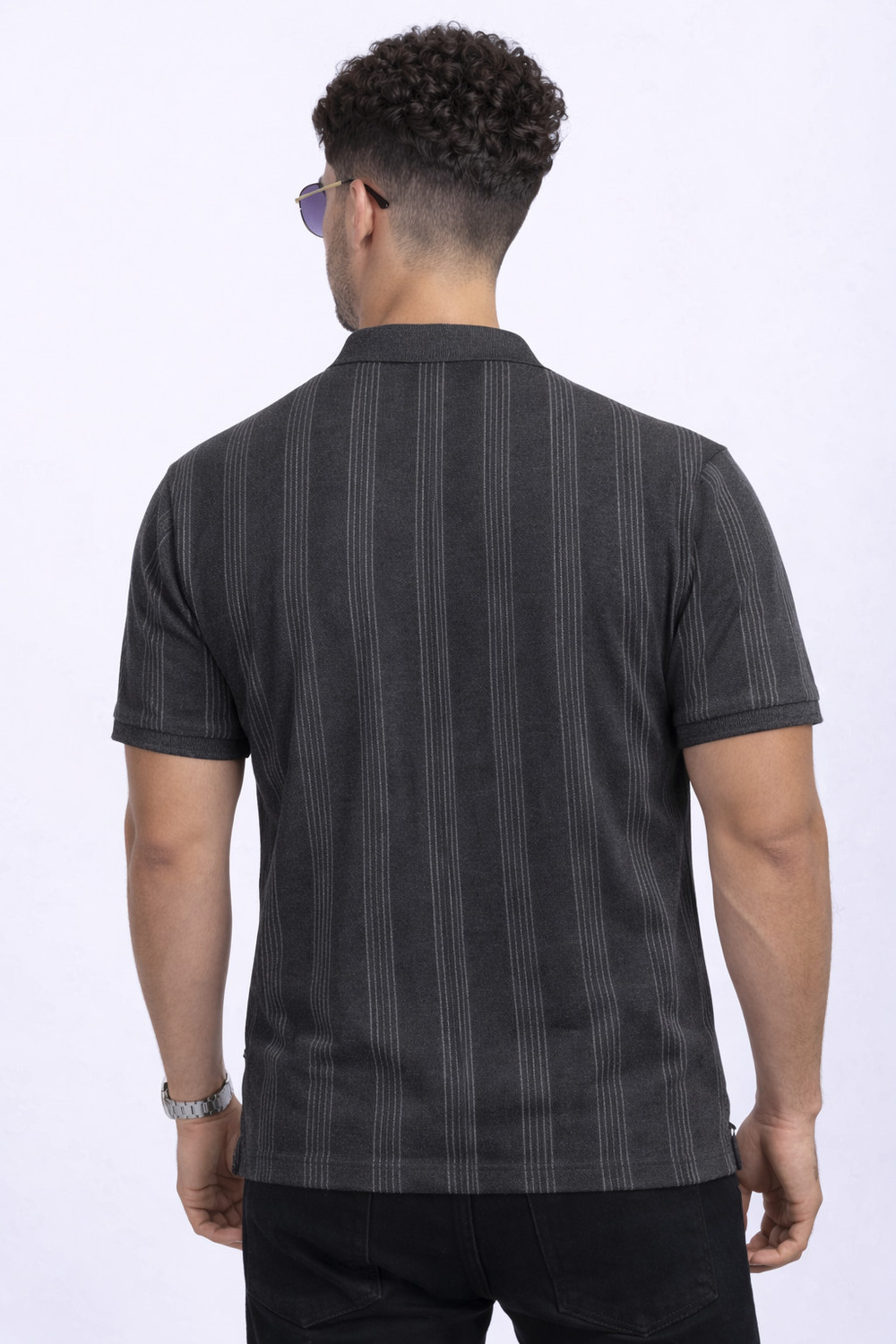 Image of Triptee Striped Men Polo Neck Grey T-Shirt