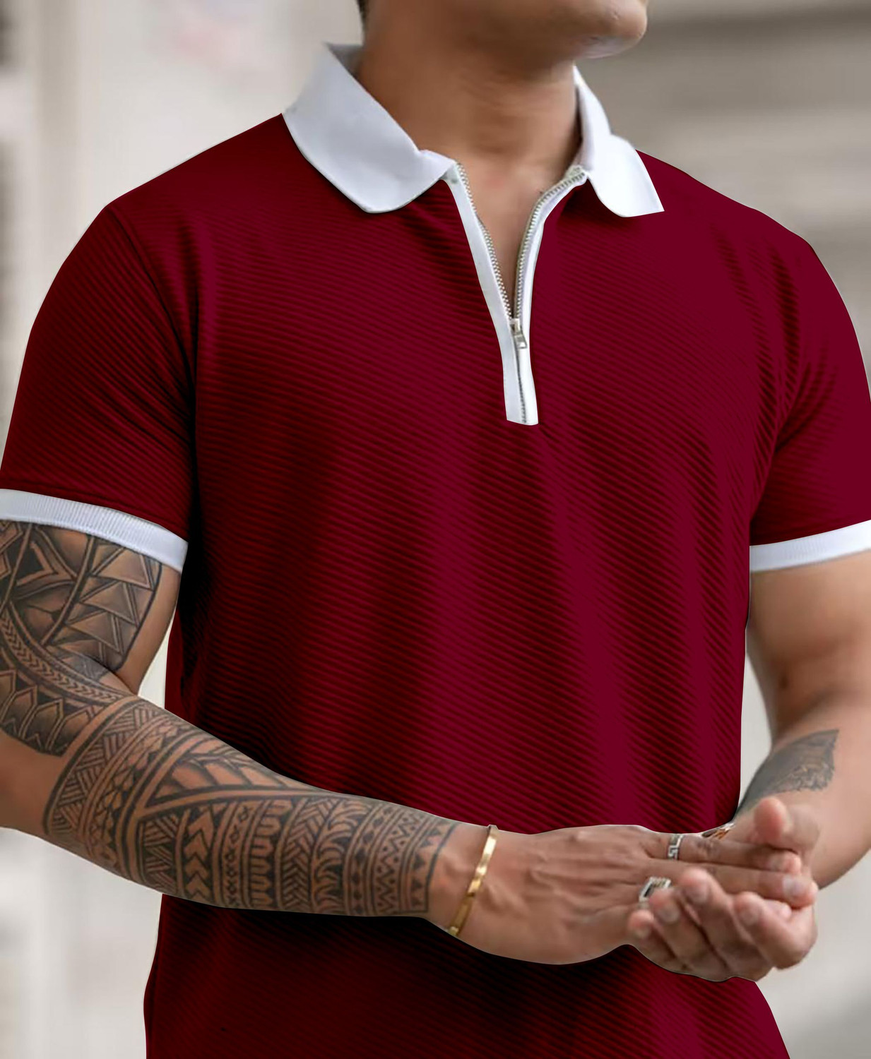 Image of COMBRAIDED Self Design Men Polo Neck Maroon T-Shirt