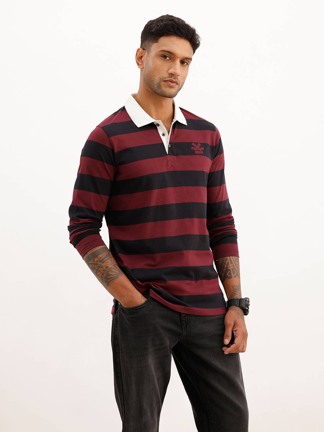 WROGN Striped Men Polo Neck Maroon T-Shirt - Image 4