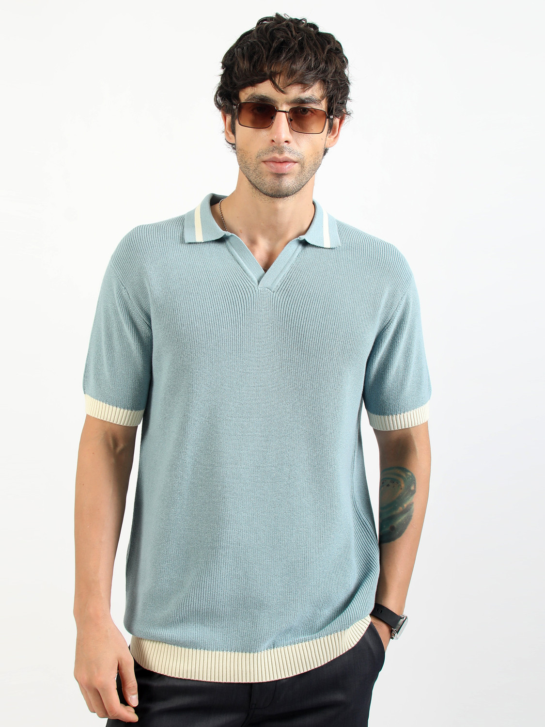 Image of MANIAC Self Design Men Polo Neck Blue T-Shirt