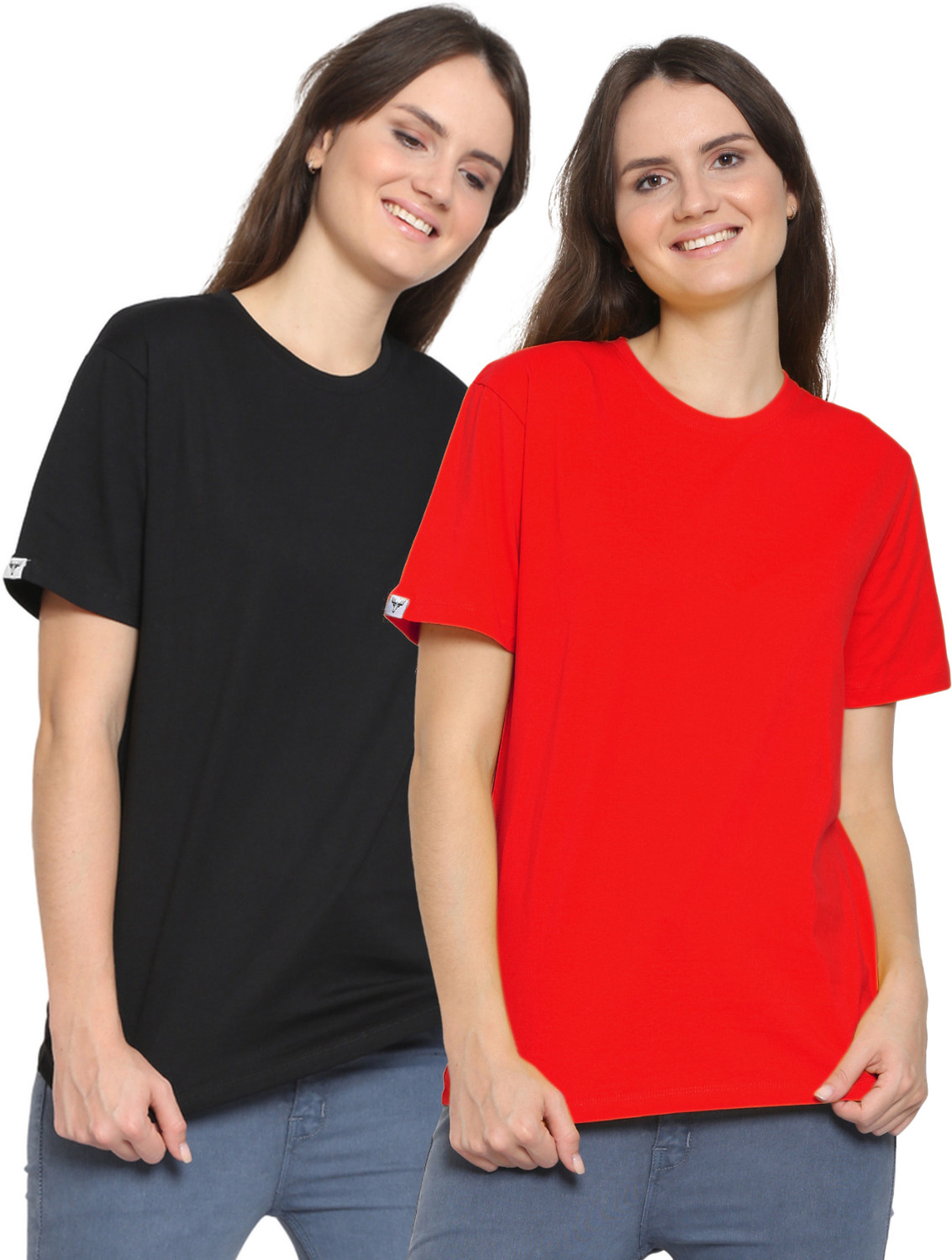 Image of YouthPoi Solid Women Round Neck Black, Red T-Shirt