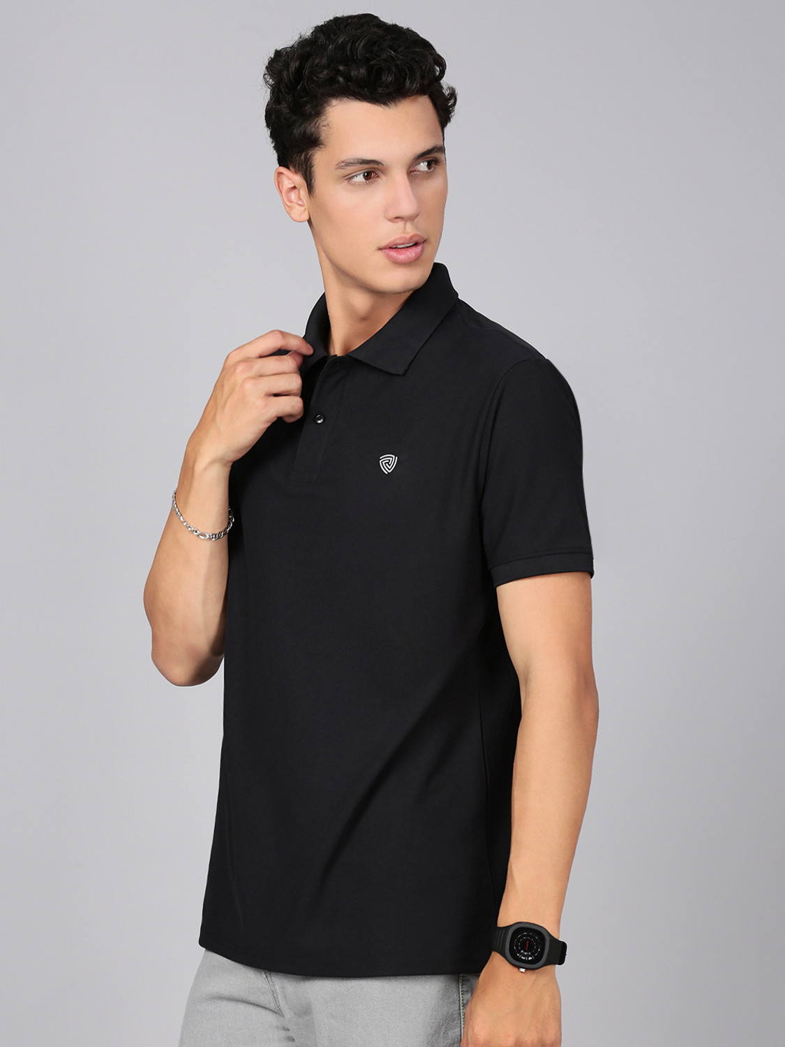 Image of LUX cozi Solid Men Polo Neck Black, Dark Blue T-Shirt