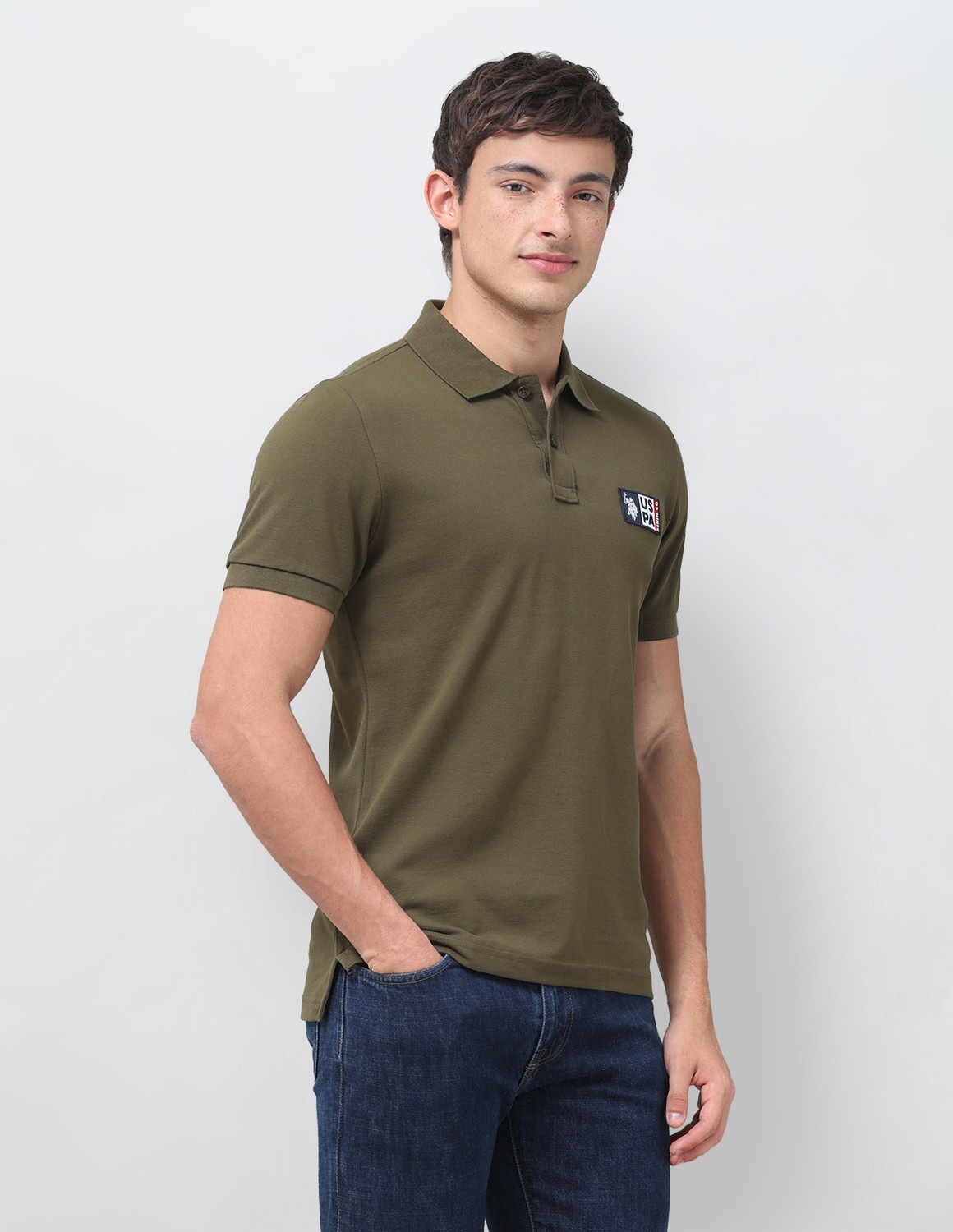 Image of U.S. Polo Assn. Denim Co. Men Printed Polo Neck Cotton Blend Green T-Shirt