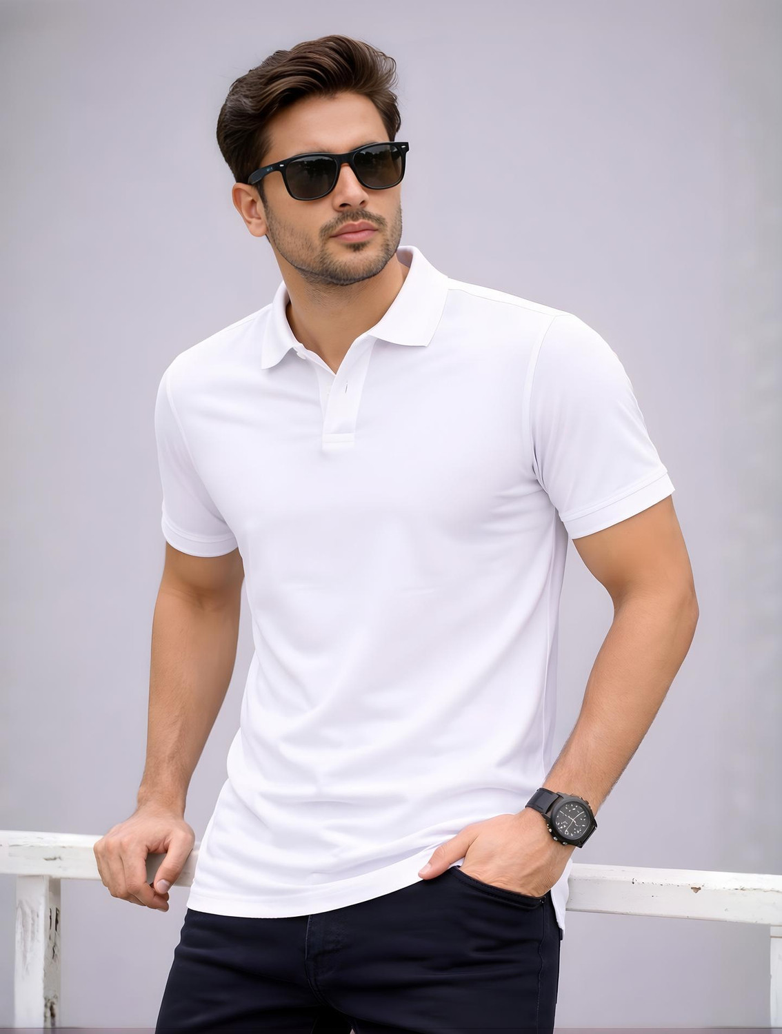Image of DIBBY Men Solid Polo Neck Cotton Blend White T-Shirt