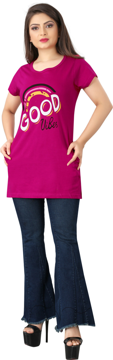 Image of JH MART Printed Women Round Neck Pink T-Shirt