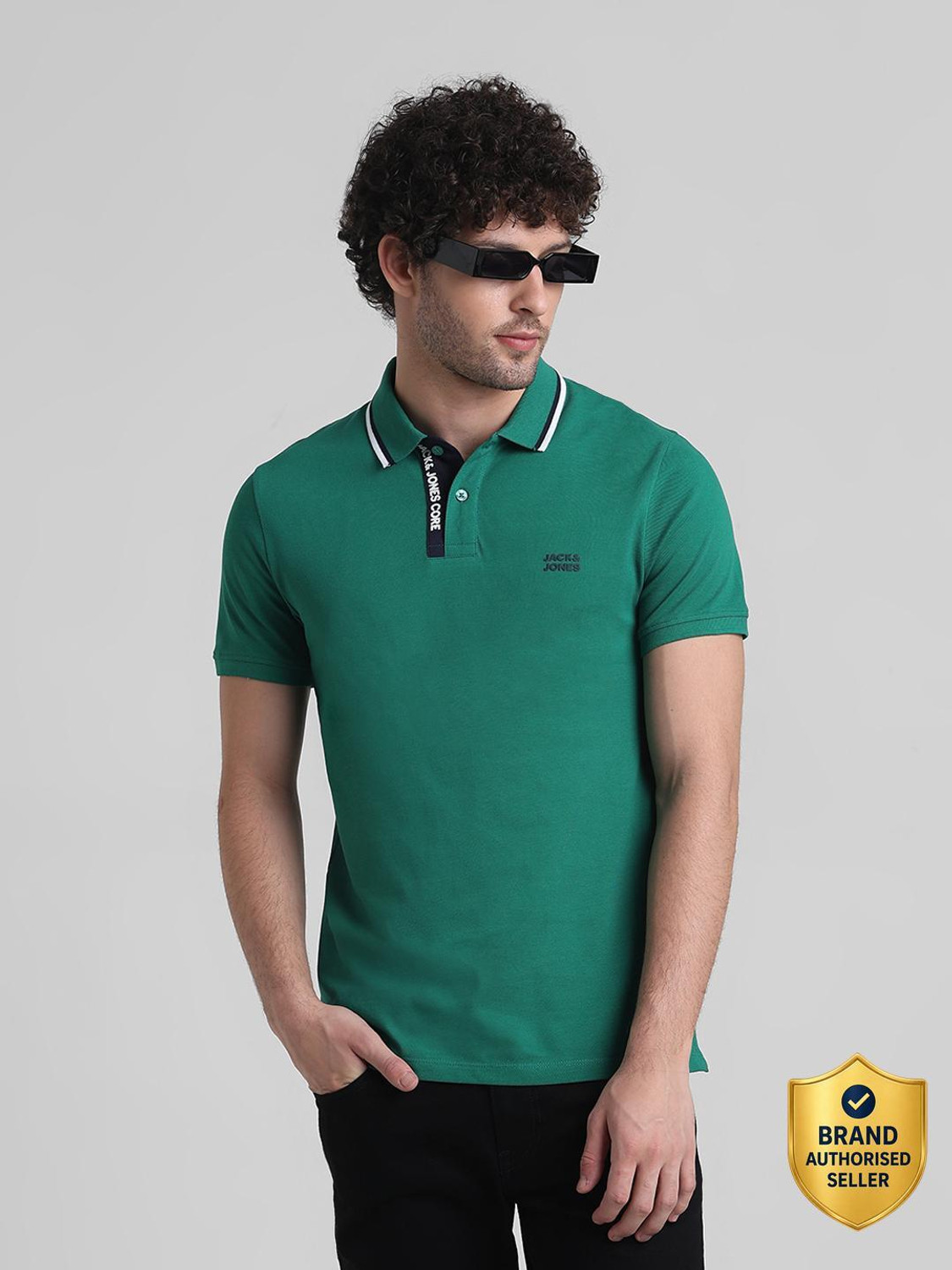Image of JACK & JONES Solid Men Polo Neck Green T-Shirt