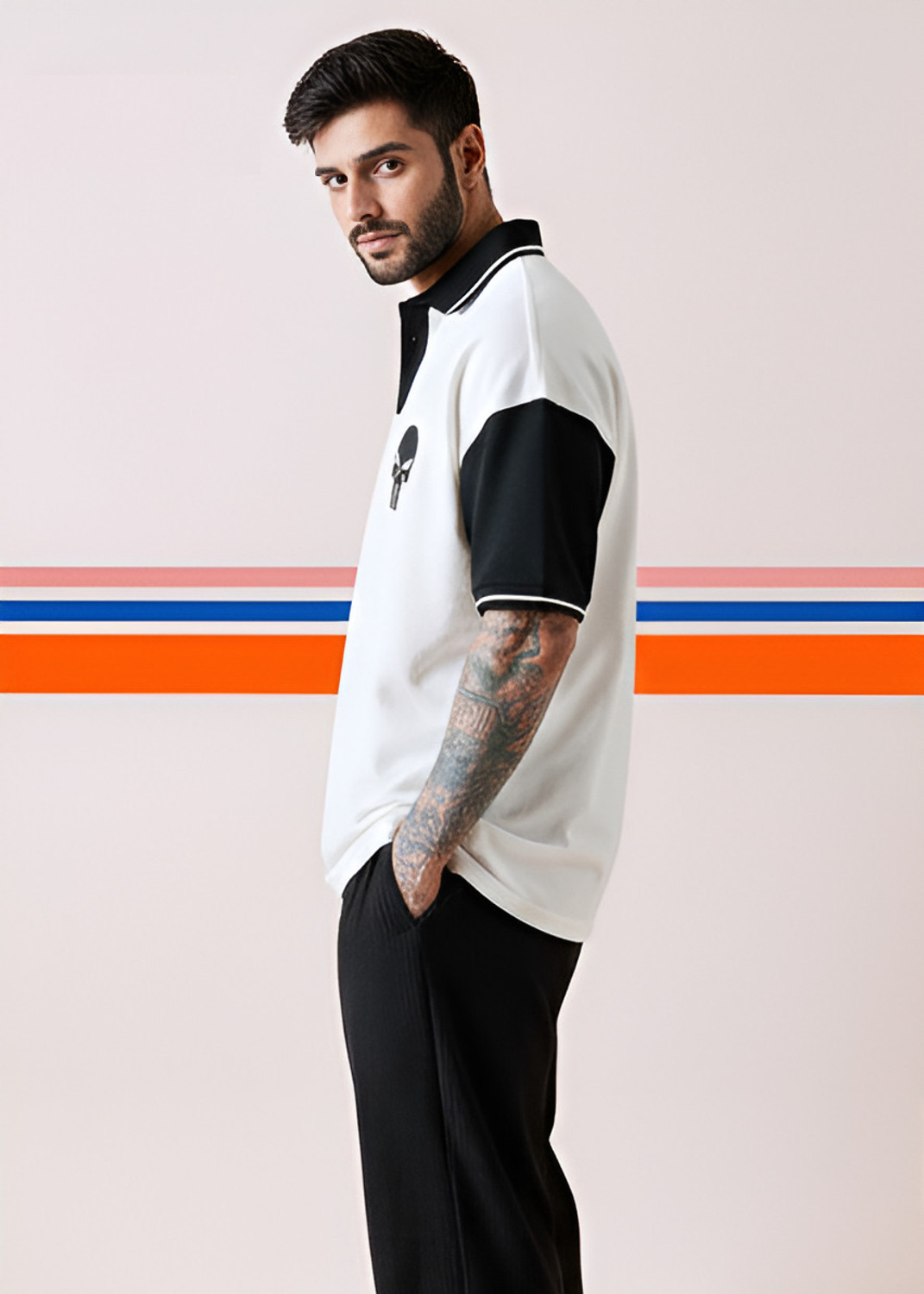 Image of METRONAUT Graphic Print Men Polo Neck White, Black T-Shirt