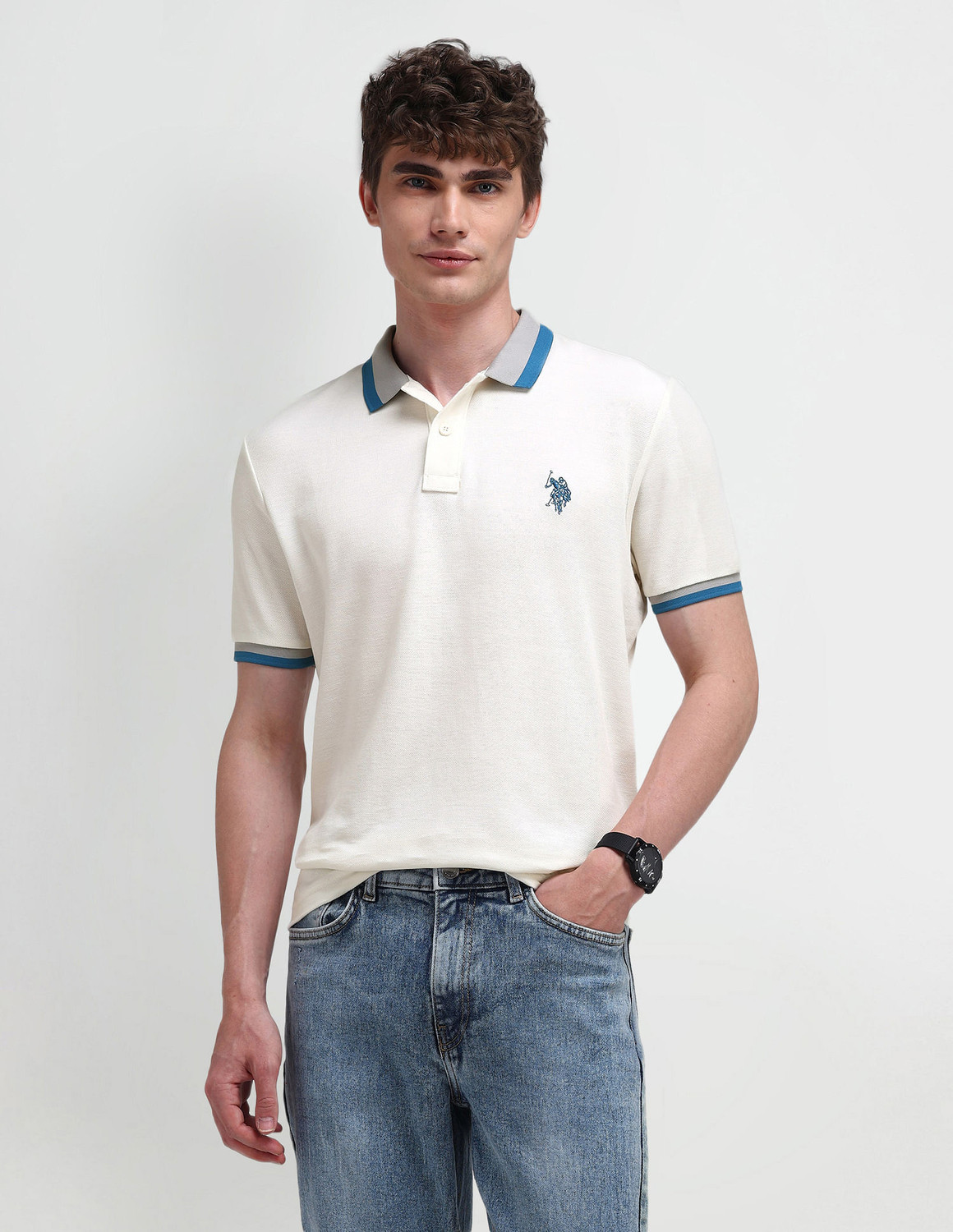 Image of U.S. POLO ASSN. Solid Men Polo Neck White T-Shirt