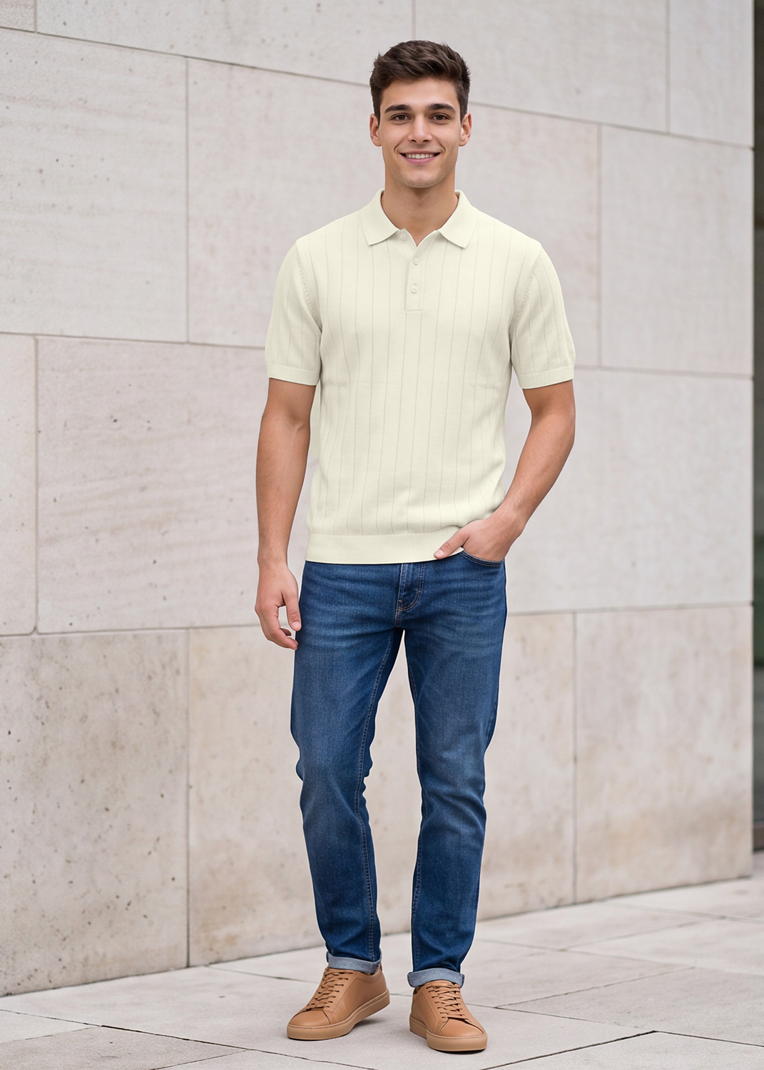 Image of KILLER Solid Men Polo Neck Beige T-Shirt