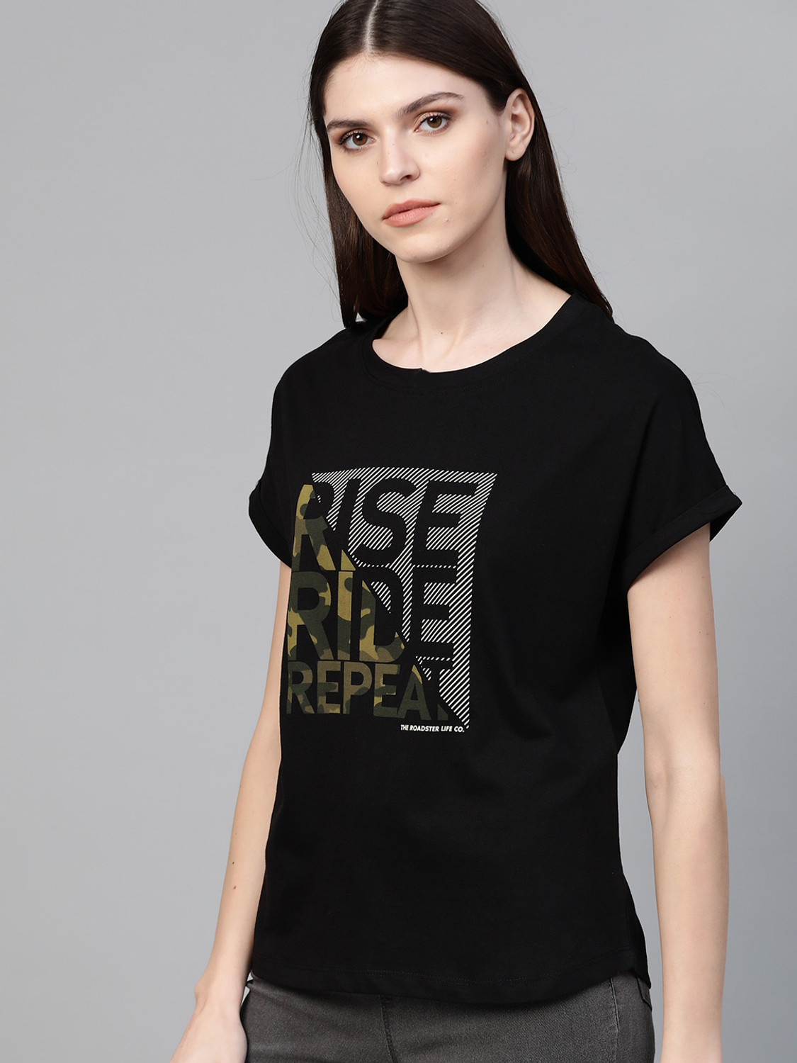 Image of Patche Typography Women Round Neck Black T-Shirt