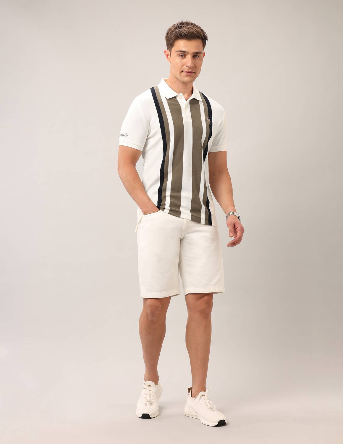 U.S. POLO ASSN. Beige, White Striped Polo Neck T-Shirt - Image 3