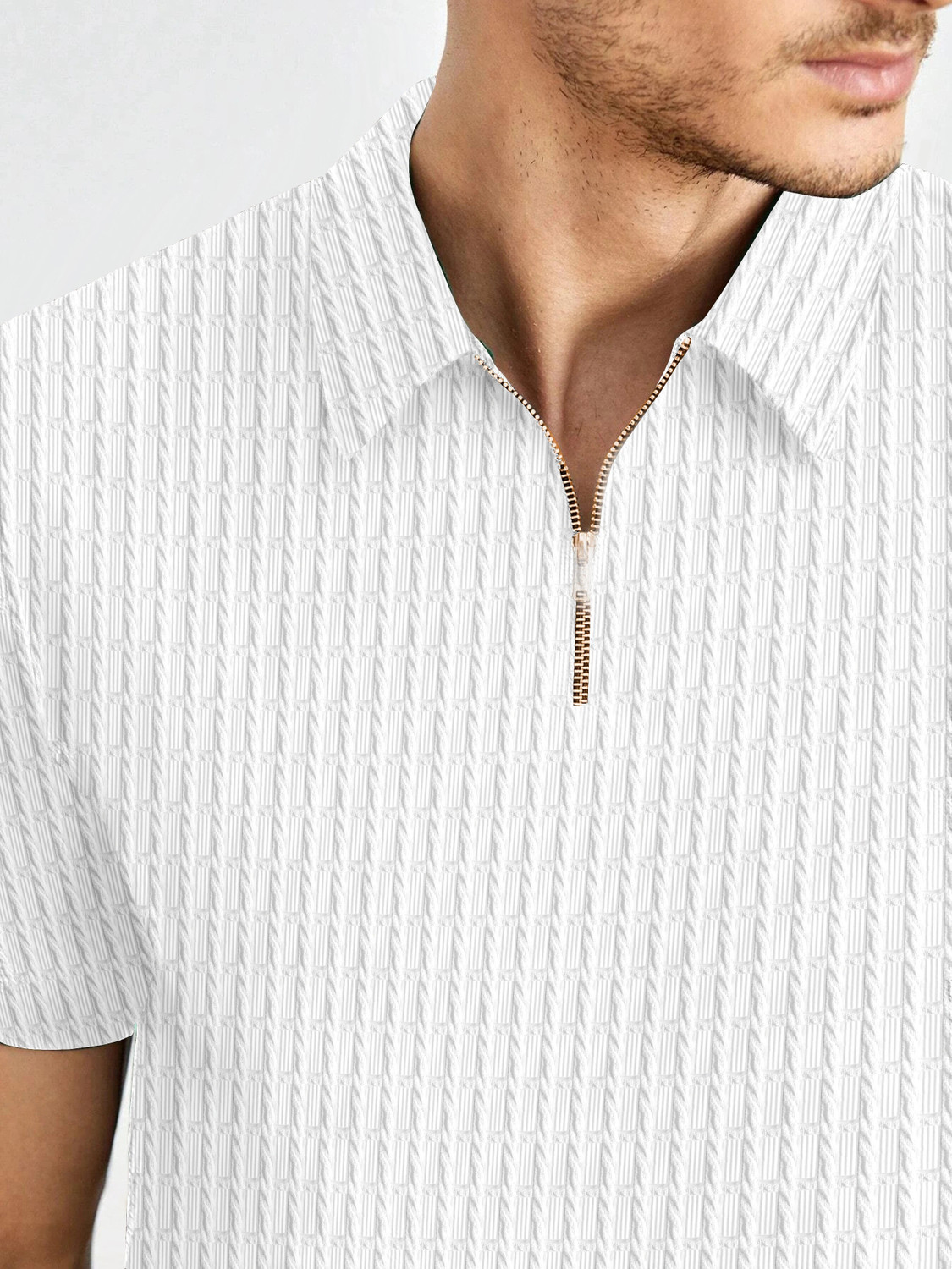 Image of VARIDASHI Self Design Men Zip Neck White T-Shirt