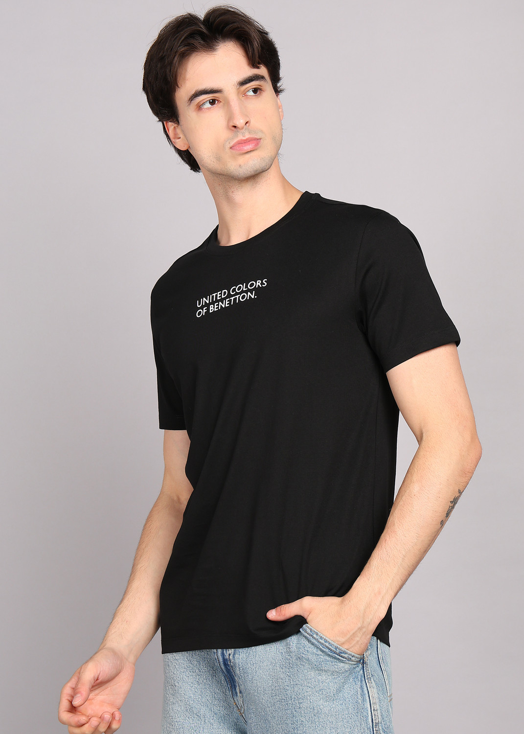 Image of United Colors of Benetton Printed Men Round Neck Black T-Shirt