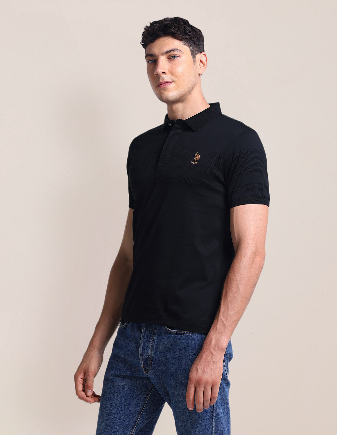 Image of U.S. POLO ASSN. Men Solid Polo Neck Cotton Blend Black T-Shirt