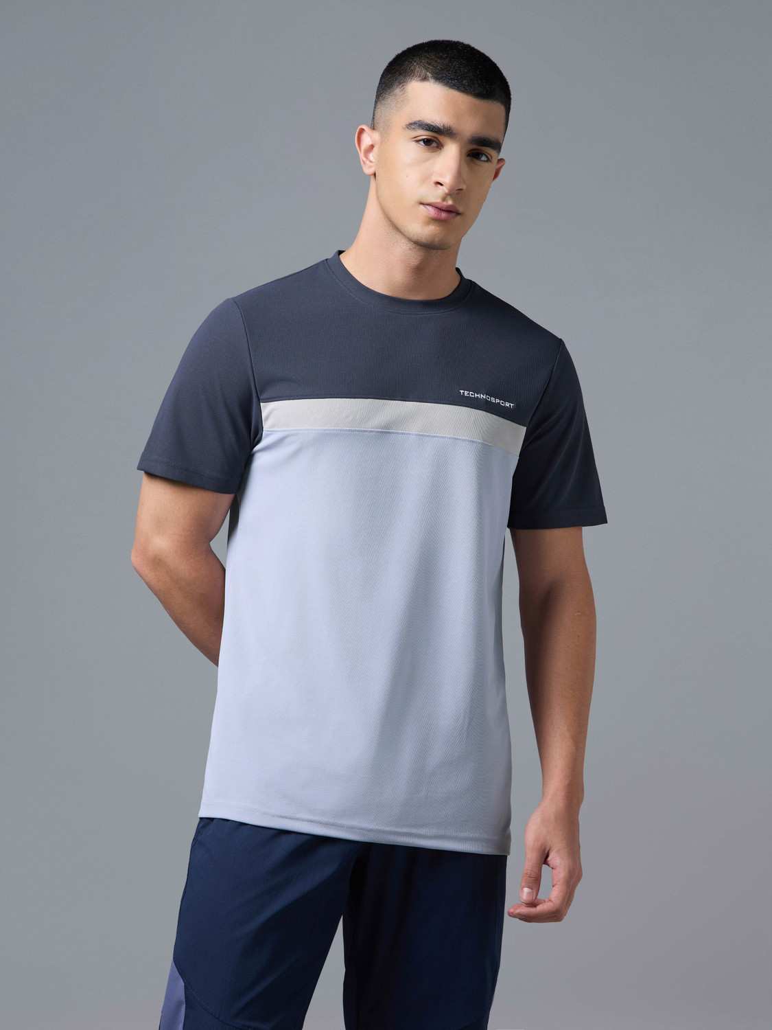 Image of TECHNOSPORT Men Colorblock Round Neck Polyester Blue T-Shirt