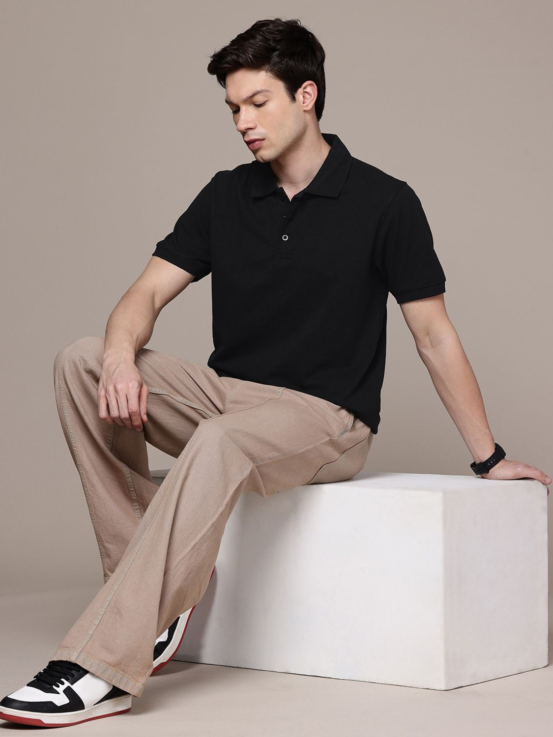 Image of Moda Rapido Solid Men Polo Neck Black T-Shirt