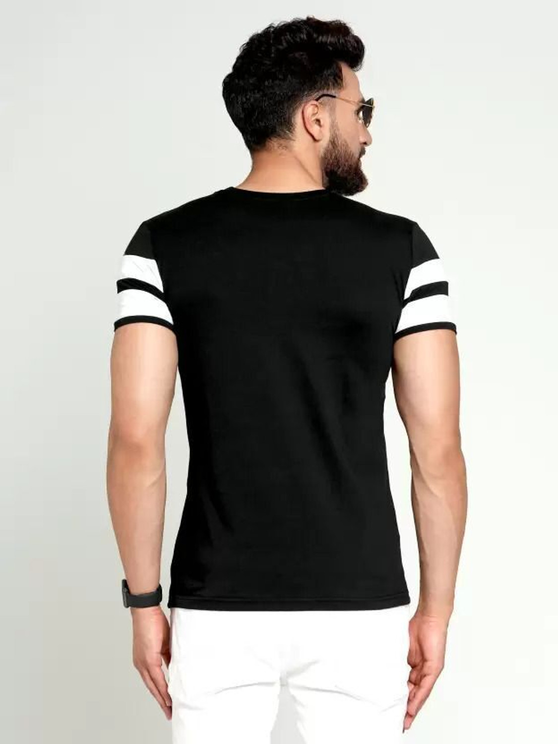 Image of R RIDACHY Striped Men Round Neck Black T-Shirt