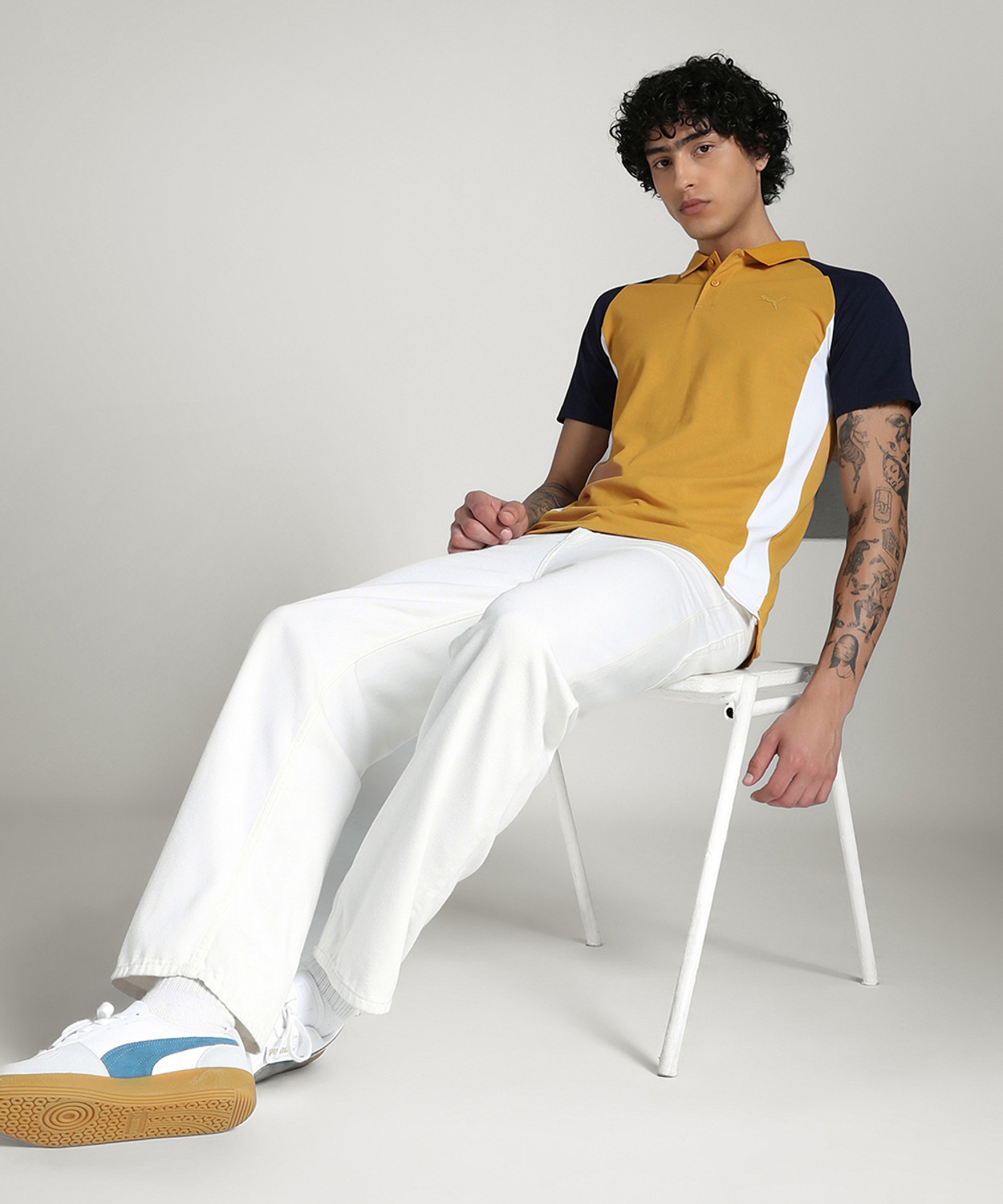 Image of PUMA Men Colorblock Polo Neck Cotton Blend Yellow T-Shirt