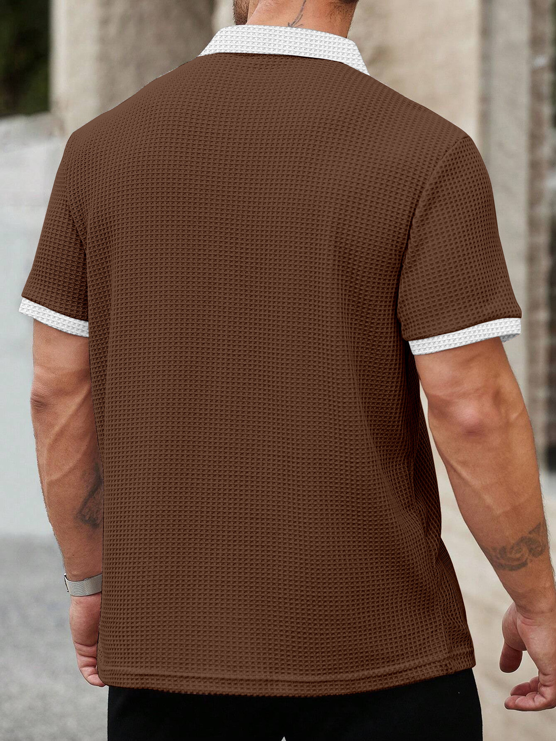 Image of KAJARU Self Design Men Zip Neck Brown, White T-Shirt