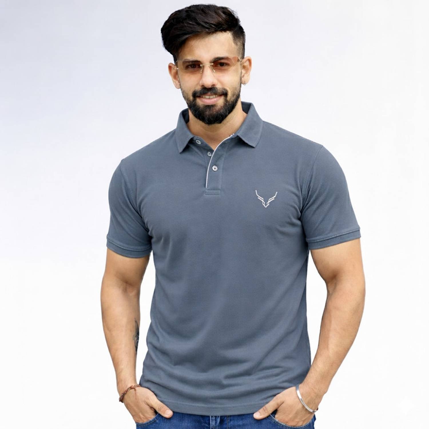 AVRIE Self Design Men Polo Neck Grey T-Shirt