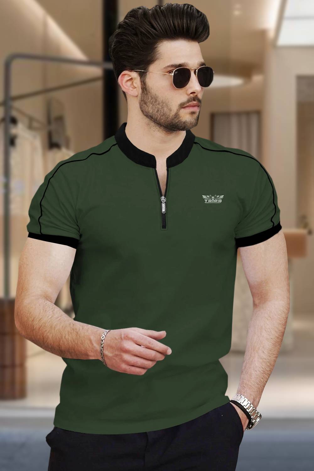 TRIPR Men Typography Mandarin Collar Cotton Blend Dark Green, Bla