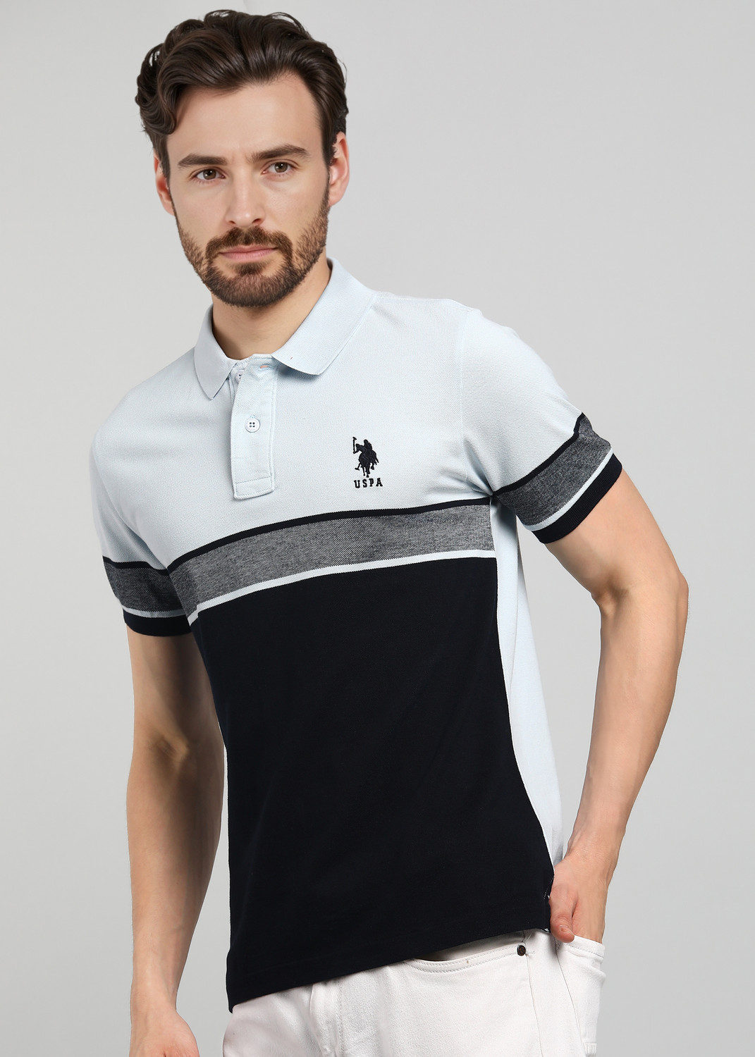 Image of U.S. POLO ASSN. Men Colorblock Polo Neck Pure Cotton Light Blue T-Shirt