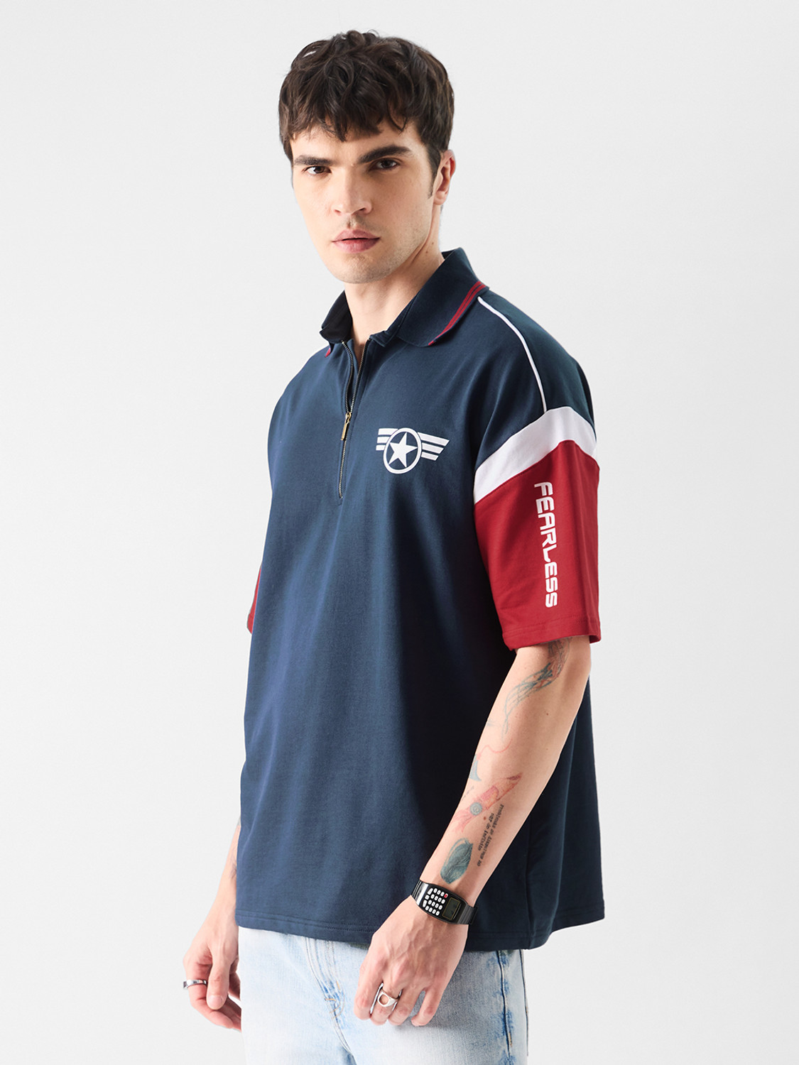 Image of The Souled Store Graphic Print Men Polo Neck Navy Blue T-Shirt