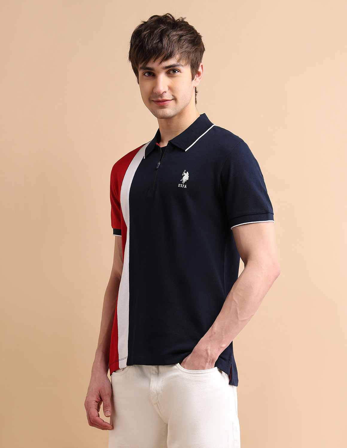 Image of U.S. POLO ASSN. Colorblock Men Polo Neck Blue T-Shirt