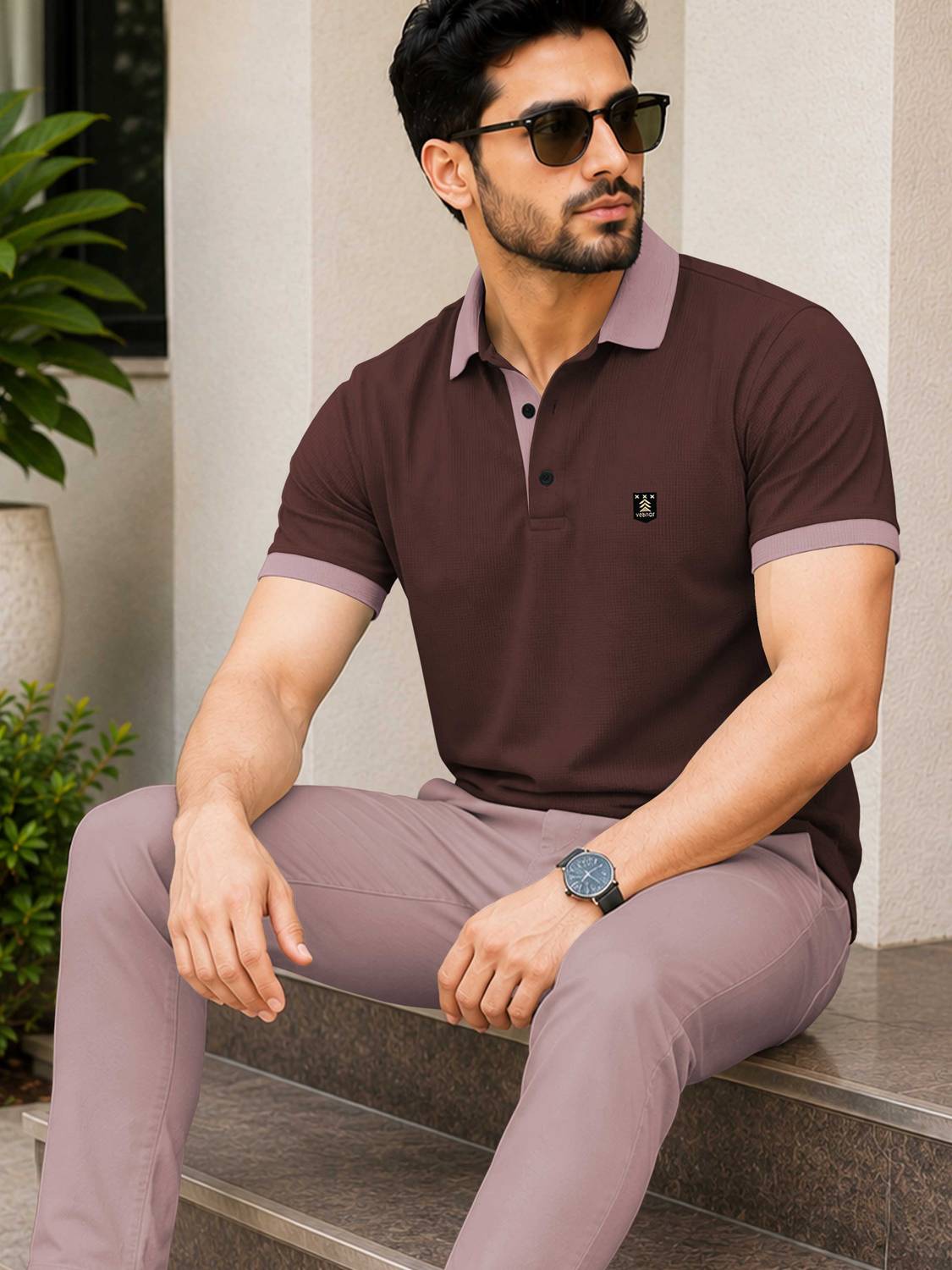 VeBNoR Colorblock Men Polo Neck Brown T-Shirt - Image 3