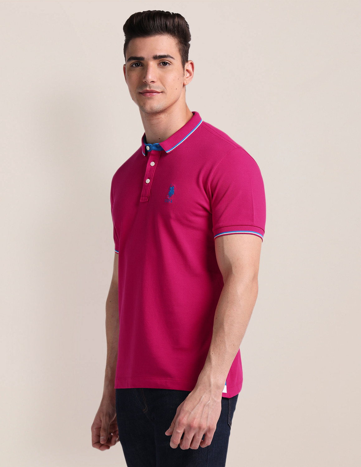 Image of U.S. POLO ASSN. Solid Men Polo Neck Pink T-Shirt