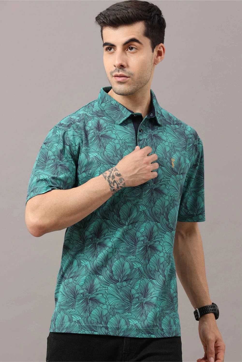 Stellers Men Floral Print Polo Neck Polyester Green T-Shirt