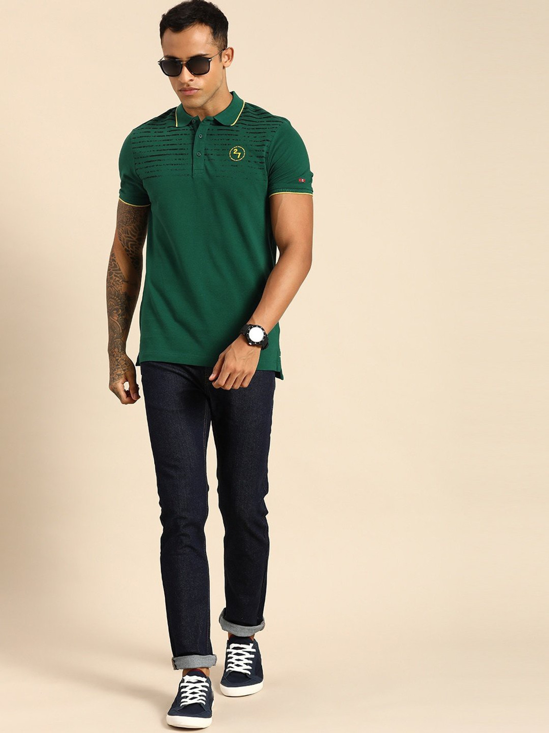 Image of BEING HUMAN Striped Men Polo Neck Green T-Shirt