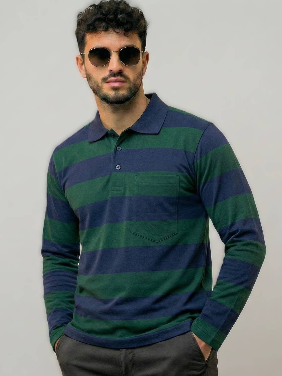 Alvin Dark Green Striped Polo Neck T-Shirt - Image 4
