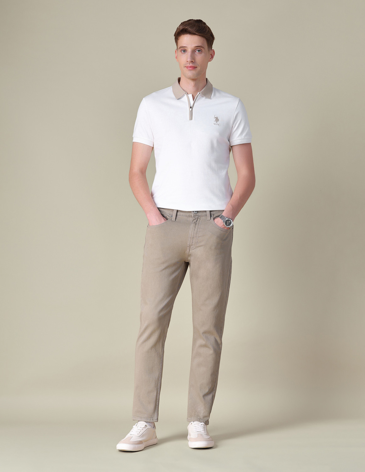Image of U.S. Polo Assn. Denim Co. Solid Men Polo Neck White T-Shirt